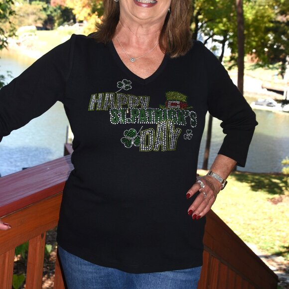 St. Patrick's rhinestone black long sleeve shirt XS S M L XL XXL 1X 2X 3X 4X 5 - Picture 2 of 7